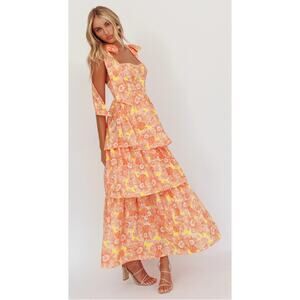 Selfie Leslie Arlowe Tied Shoulder Floral Tiered Midi Dress Orange Women Size 12